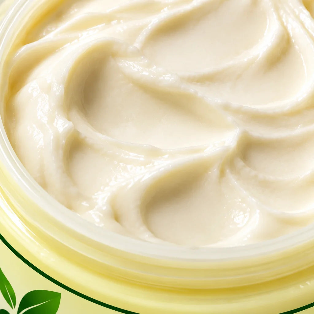 An extreme macro photograph of the real cream inside the open Trez Dark Area Cream jar from the refe