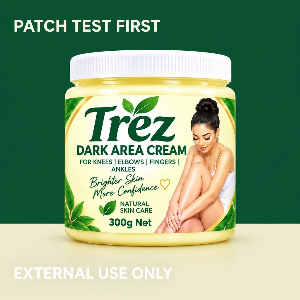 A clear square skincare information graphic on a deep #0B5B34 background. Place the exact Trez Dark