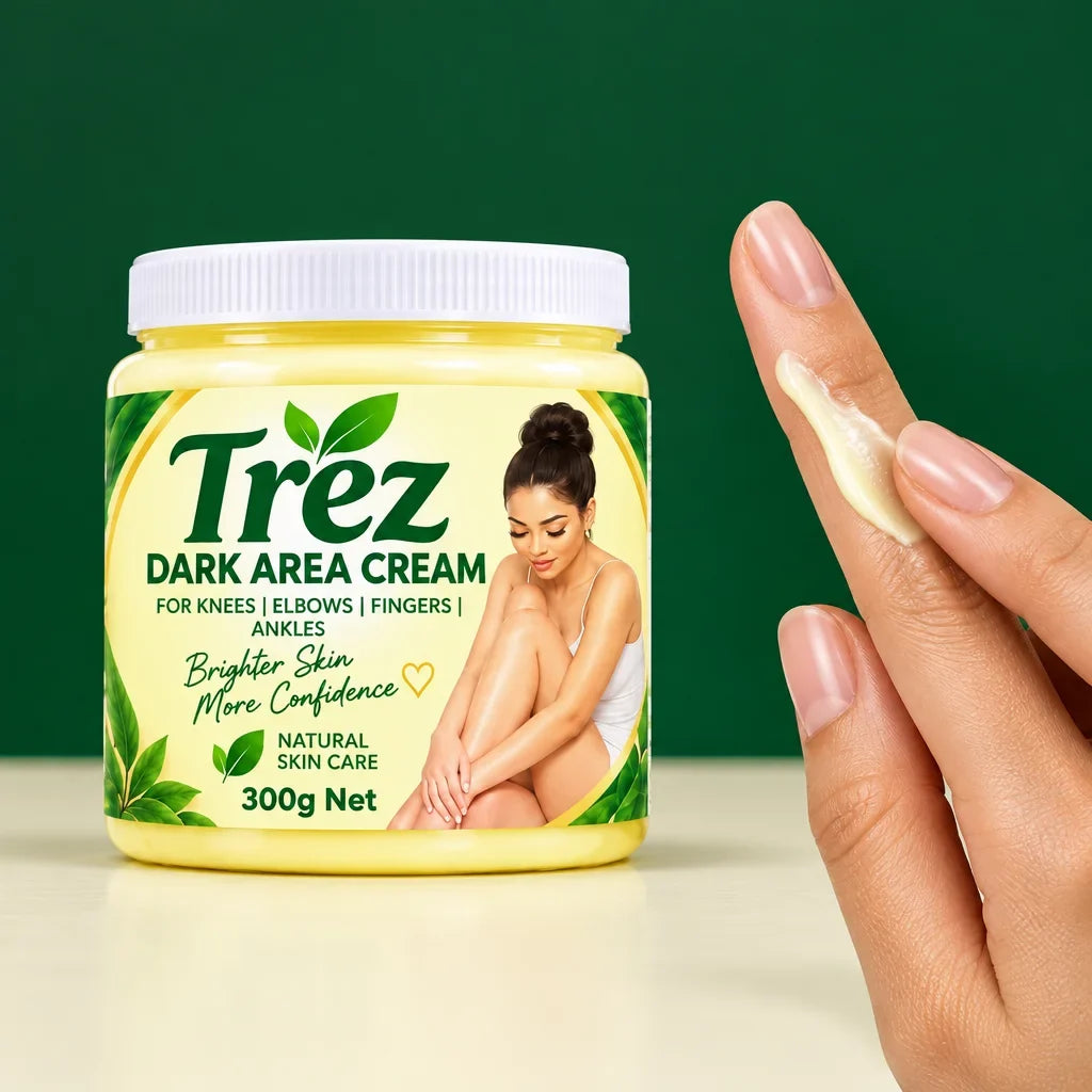 Full Trez Dark Area Cream container beside a close-up showing cream applied to the side of fingers